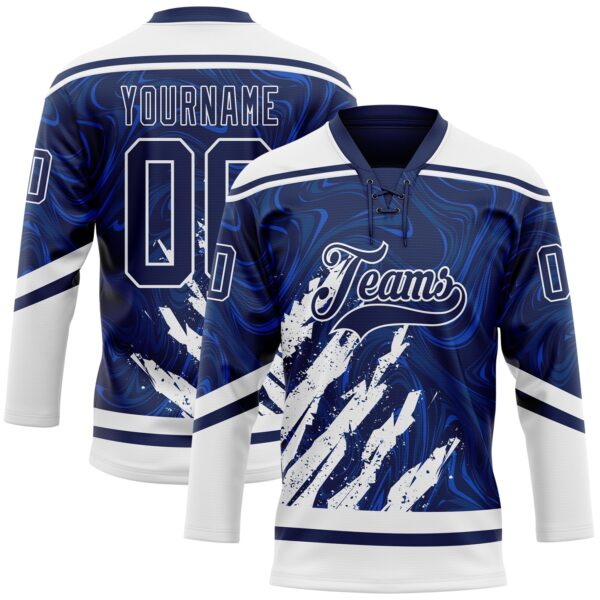 Custom Navy White 3D Splash Art Hockey Lace Neck Jersey
