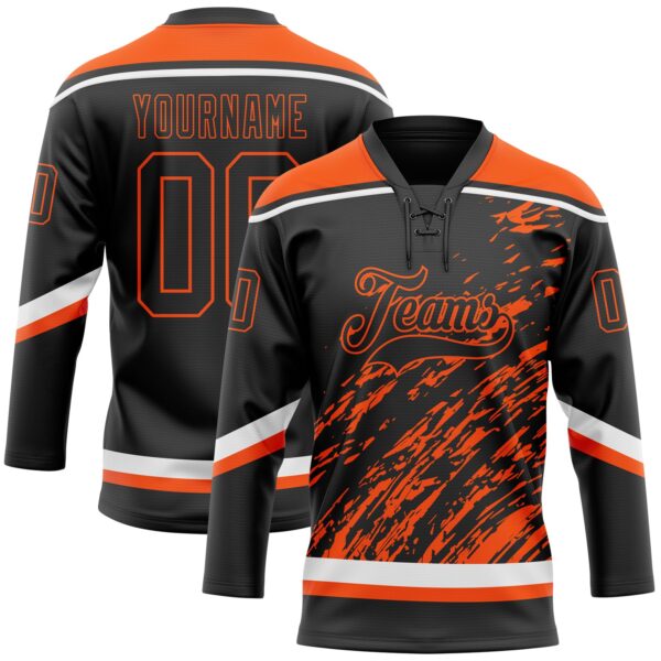 Custom Black Orange-White 3D Splash Art Hockey Lace Neck Jersey