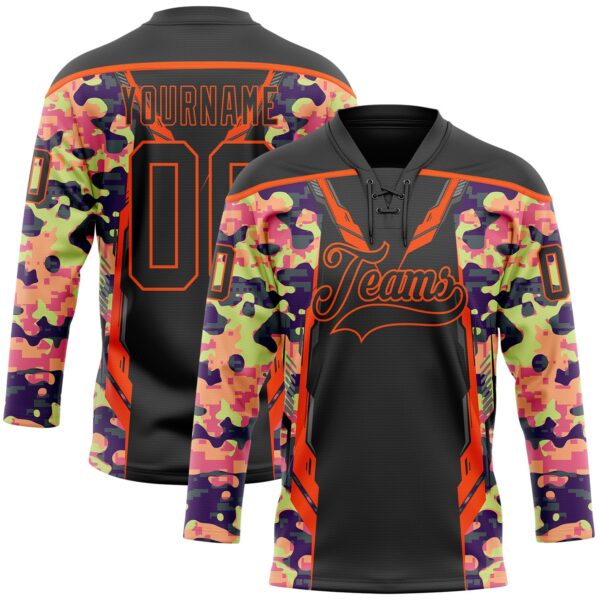 Custom Camo Black-Orange 3D Camouflage Pixel Hockey Lace Neck Jersey