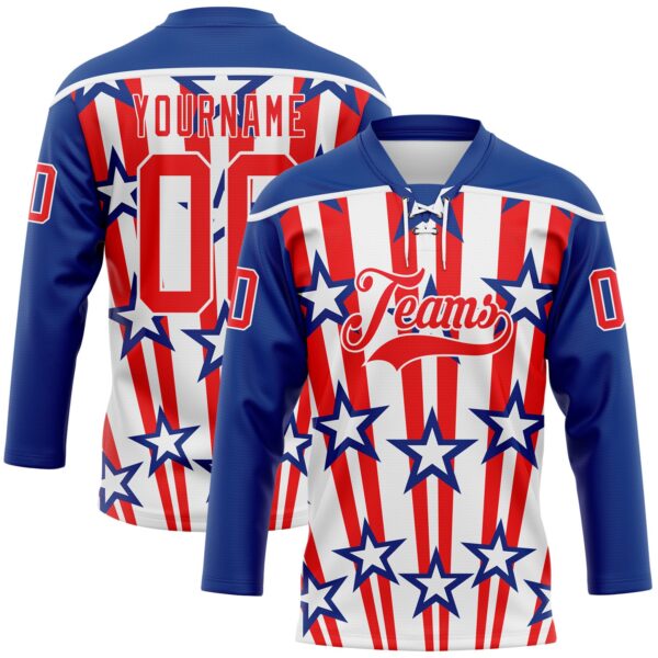 Custom Royal Fire Red-White American Flag Hockey Lace Neck Jersey