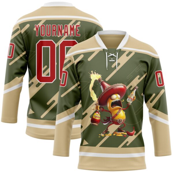 Custom Olive Red Vegas Gold-White 3D Pattern Design Foodie Funny Hot Sauce Chili Hockey Lace Neck Jersey