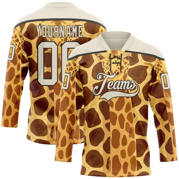 Custom Yellow Cream Brown-Black 3D Pattern Giraffe Print Hockey Lace Neck Jersey