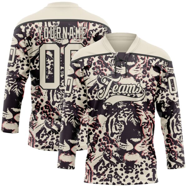 Custom Cream Black-Pink 3D Pattern Tiger Print Hockey Lace Neck Jersey