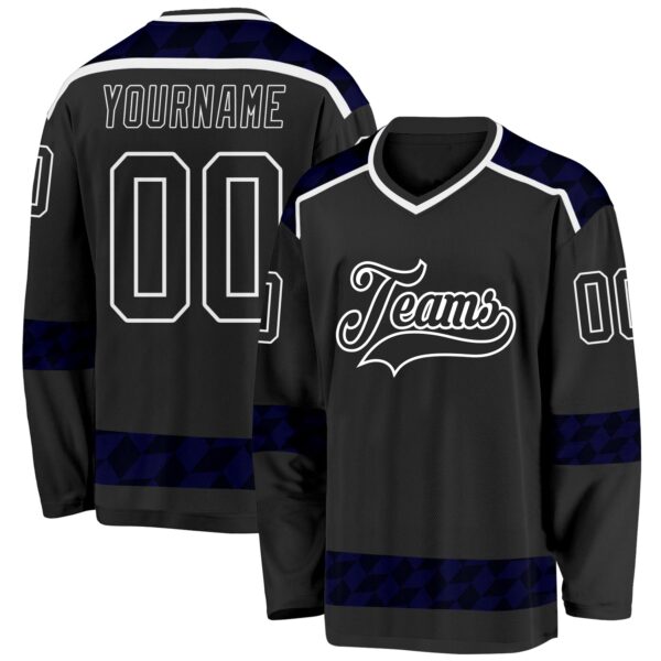 Custom Black Blue-White 3D Pattern Plaid Hockey Jersey