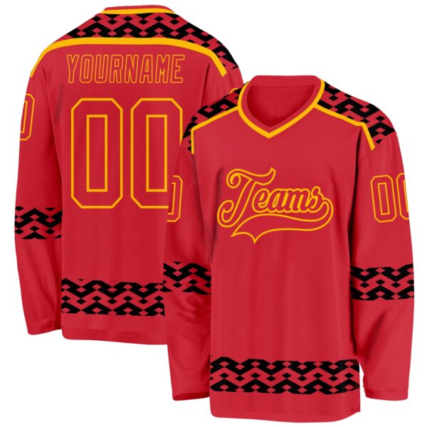 Custom Red Black-Gold 3D Pattern Plaid Hockey Jersey