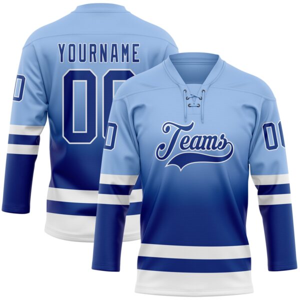 Custom Light Blue Royal-White Fade Fashion Hockey Lace Neck Jersey