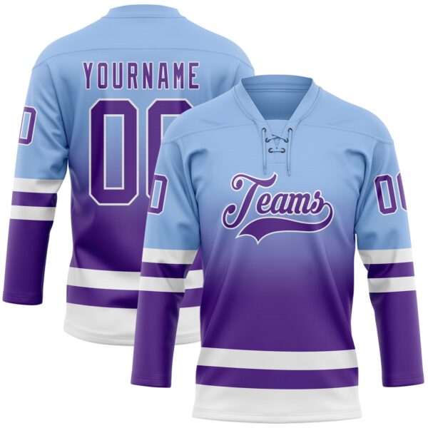 Custom Light Blue Purple-White Fade Fashion Hockey Lace Neck Jersey