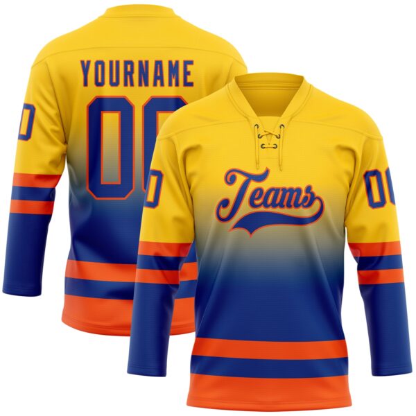 Custom Yellow Royal-Orange Fade Fashion Hockey Lace Neck Jersey
