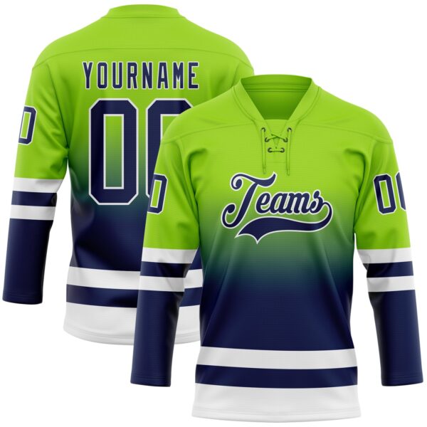 Custom Neon Green Navy-White Fade Fashion Hockey Lace Neck Jersey