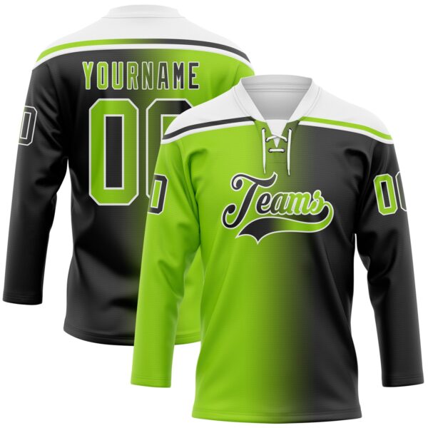 Custom Black Neon Green-White Gradient Fashion Hockey Lace Neck Jersey