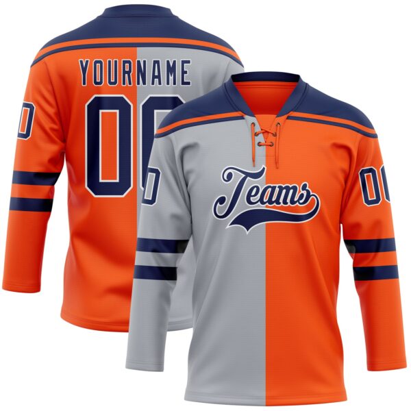 Custom Orange Navy Gray-White Split Fashion Hockey Lace Neck Jersey