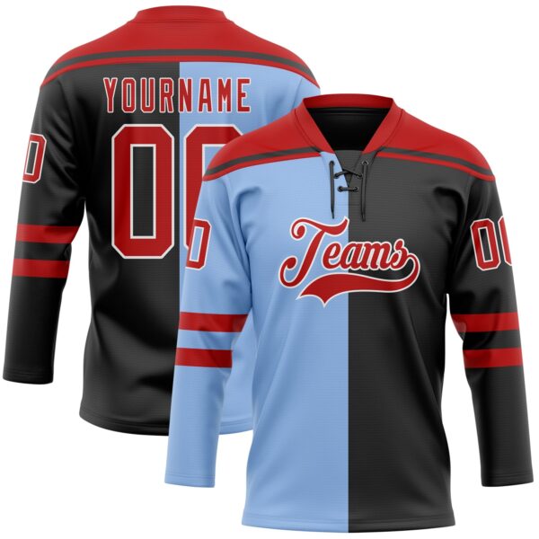 Custom Black Red Light Blue-White Split Fashion Hockey Lace Neck Jersey