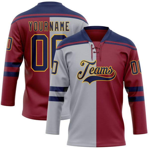 Custom Crimson Navy Gray-Gold Split Fashion Hockey Lace Neck Jersey