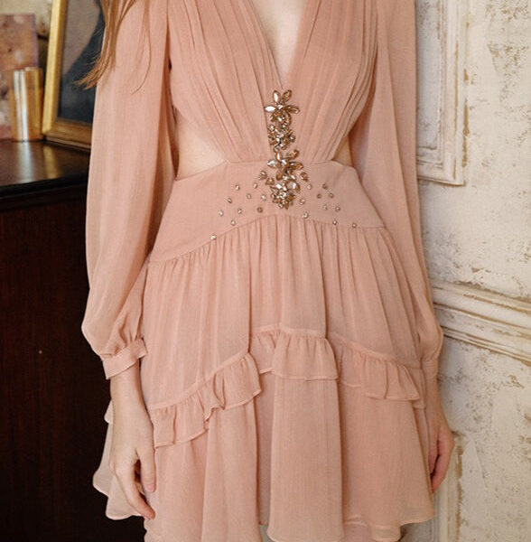 Elegant Deep V Cut Out Waist Rhinestone Chiffon Mini Dress